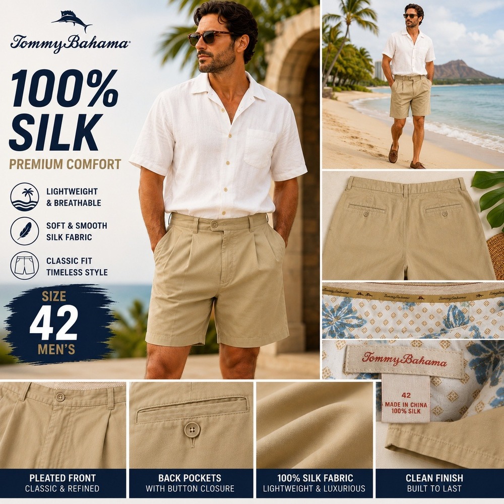 Mens Khaki Flat Front Casual Shorts Tan Chino 42 Waist 9 Inch Inseam